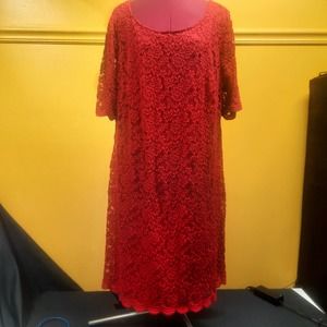 Connected Apparel Red Rose Lace Lined Midi Dress Sheer short sleeves 20W